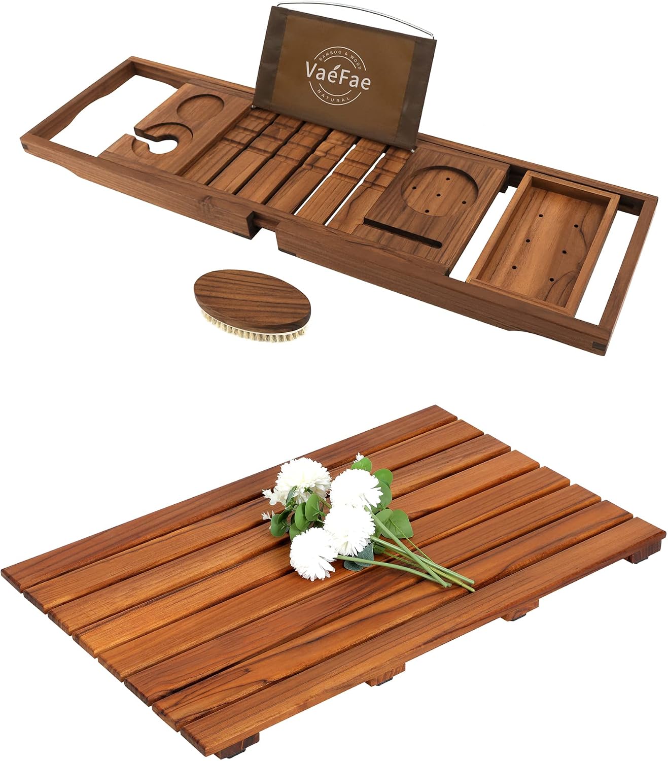 Teak Bathtub Tray and Teak Shower Mat L Bundle
