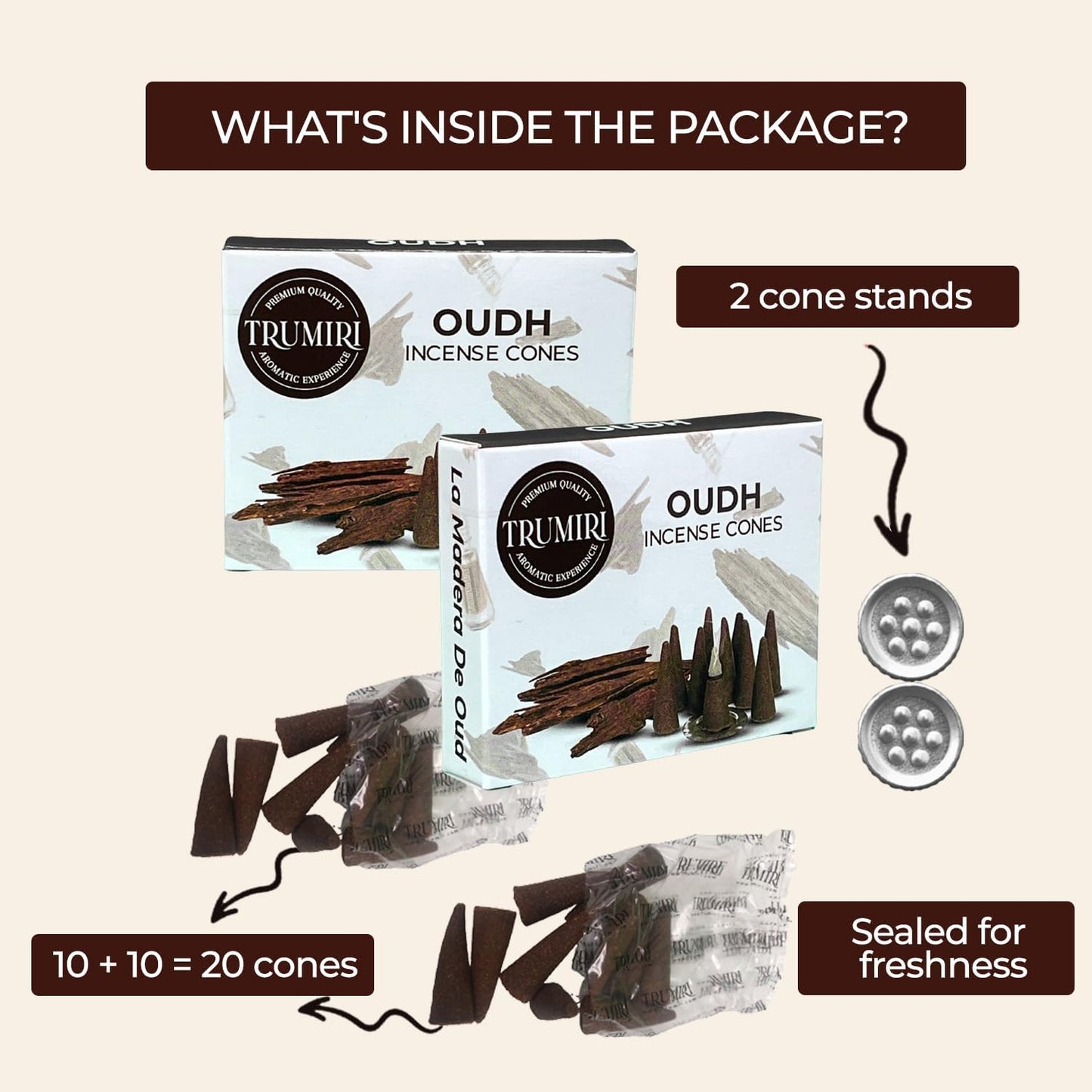 TRUMIRI Oud Incense Cones - Total 20 Cone Incense - Dual Pack of 10 Insence Cones - Incense Cones Scented - Cone Incense Scents - Insense Cones - Incent Cone