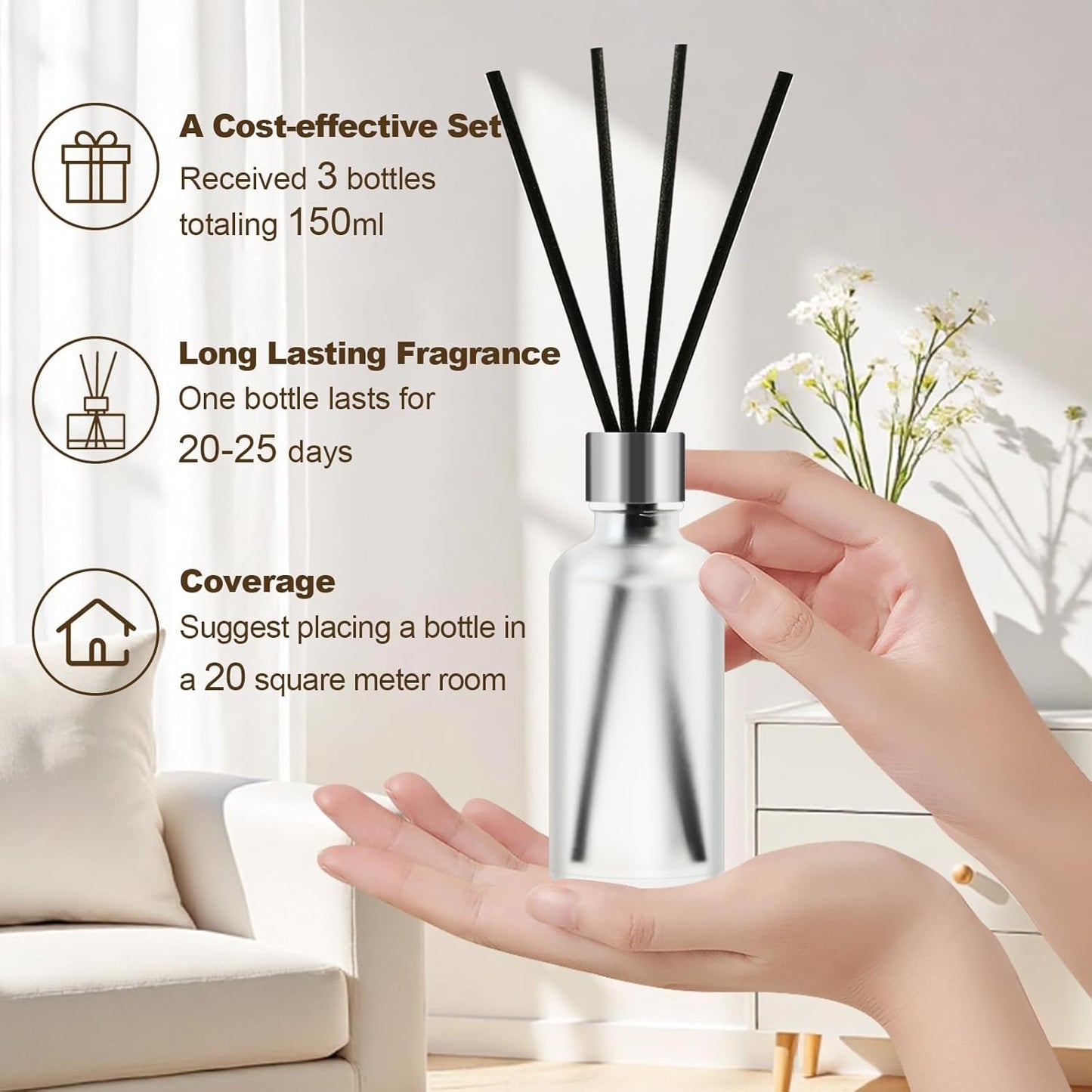 CALMORA Reed Diffuser Set of 3, 50ml Lily & Jasmine/White Tea/Amber Scented Oil Diffuser with 15 Sticks | Home Fragrance for Bedroom, Bathroom, Office & Living Room for Women Men