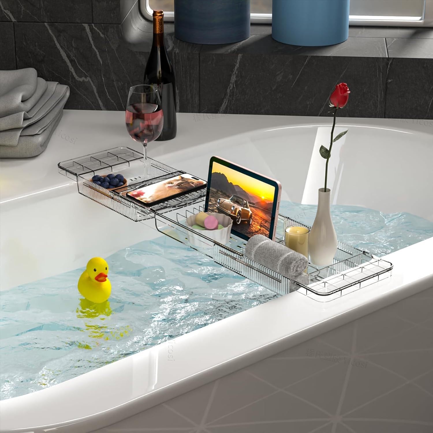 Expandable Bathtub Trays for Tub,Acrylic Bath Shelf Over Tub,with Non-Slip Design iPad Holder for Books Phone，Suitable for Bathtubs with an Internal Width of up to 28 Inch