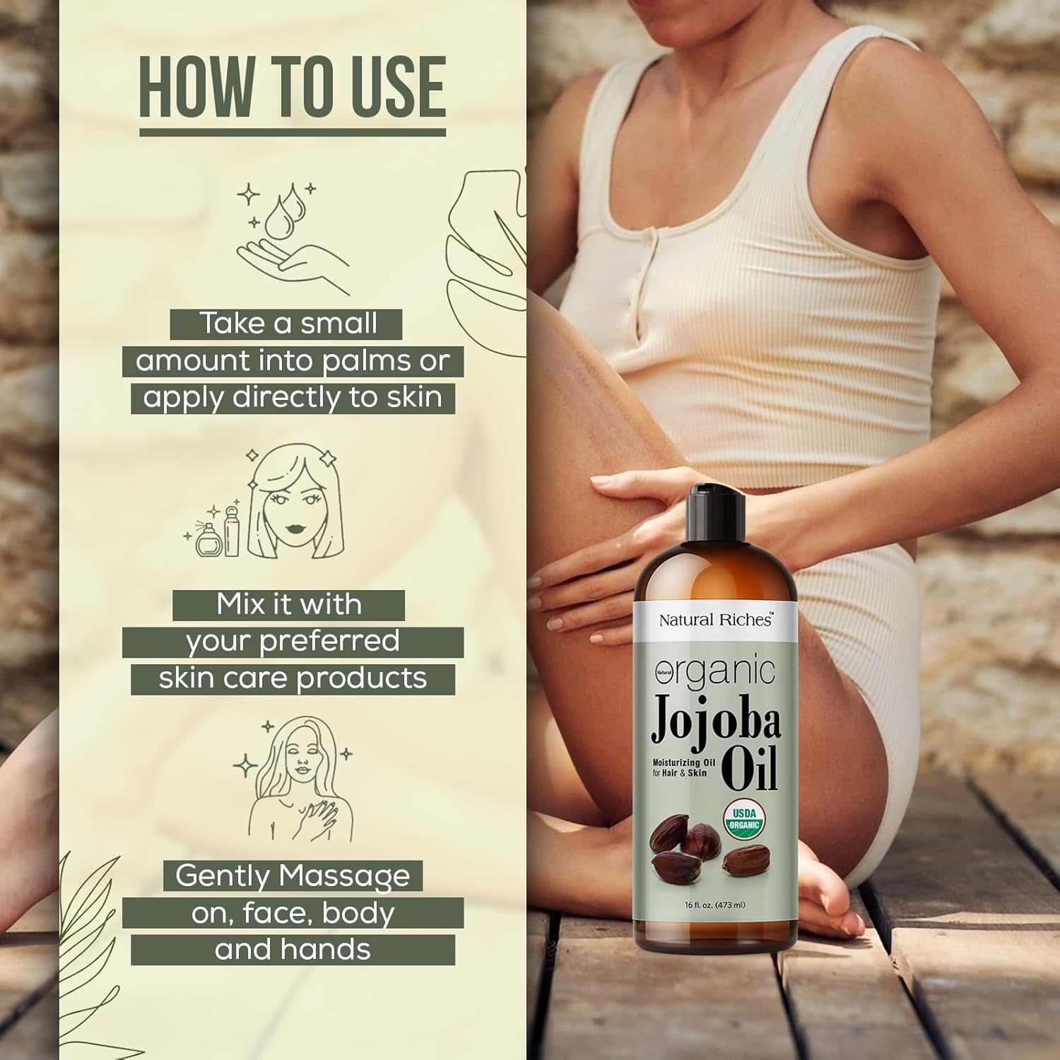 Natural Riches Organic Jojoba Oil, Pure (16 oz) | Moisturizing Oil for Face, Hair, Skin & Nails Cold Pressed Hexane Free Base Carrier oil.