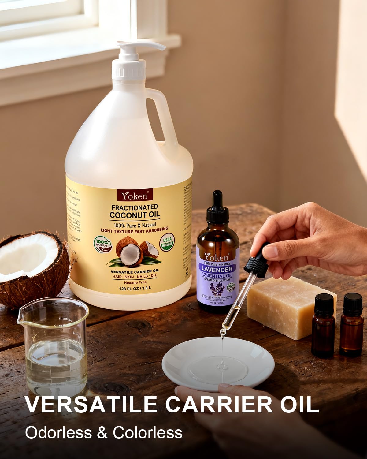 Yoken USDA Organic Fractionated Coconut Oil, 1 Gallon (128 Fl Oz), Liquid Coconut Oil for Massage & Bulk Use, Professional Body & Carrier Oil, Unscented, Hexane Free