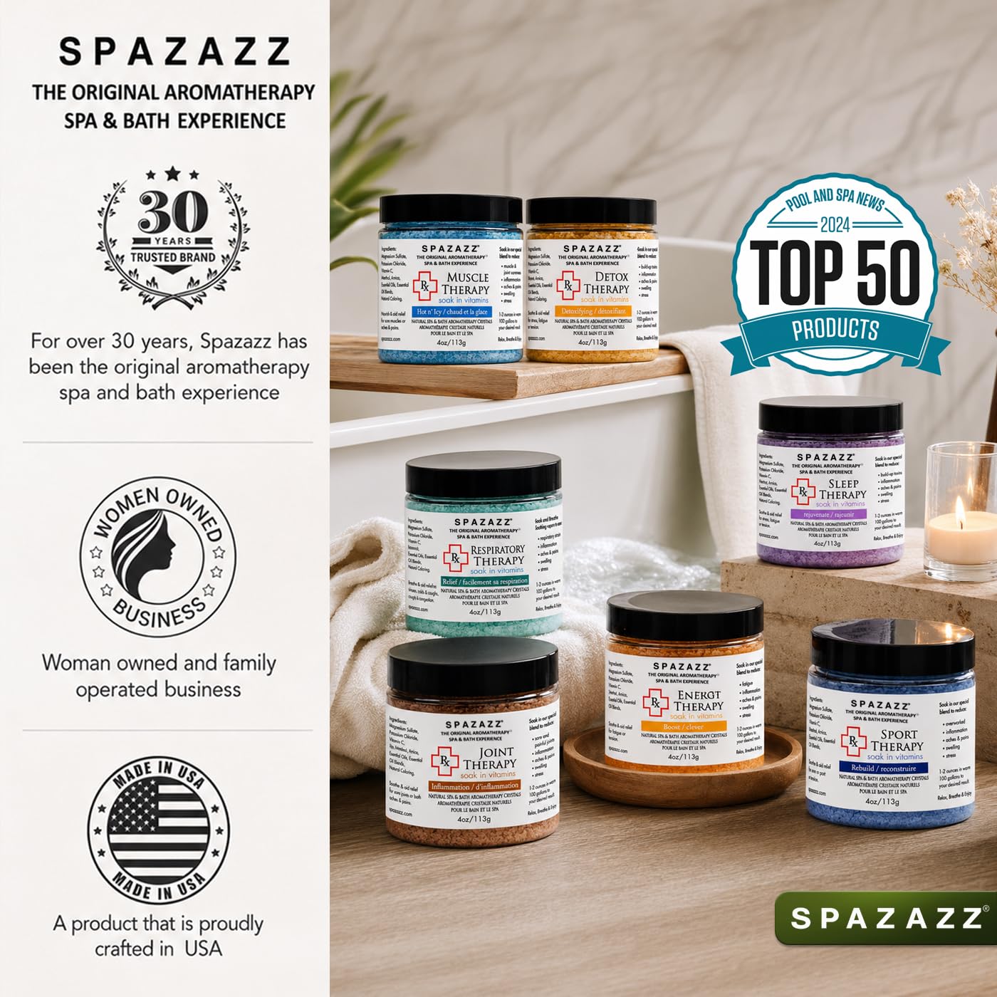 Spazazz RX Therapy Hot Tub Spa and Bath Aromatherapy Salt Crystals 4oz 8 Pack Sample Bundle Includes Muscle - Joint - Detox - Stress - Respiratory - Sport -Sleep - Energy. Great for Muscles & Joints