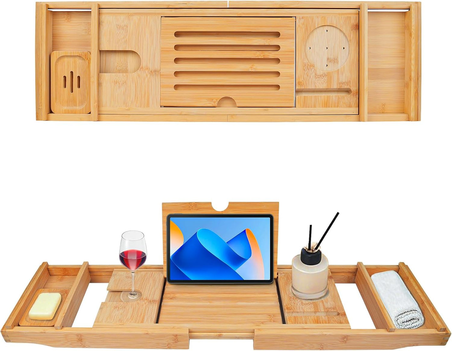 Bathtub Tray Caddy,Bamboo Bathroom Accessories,Expandable Bath Tray,Can be Placed Book and Integrated Tablet Smartphone and Wine Holder,Relaxing Gifts for Women(Natural)