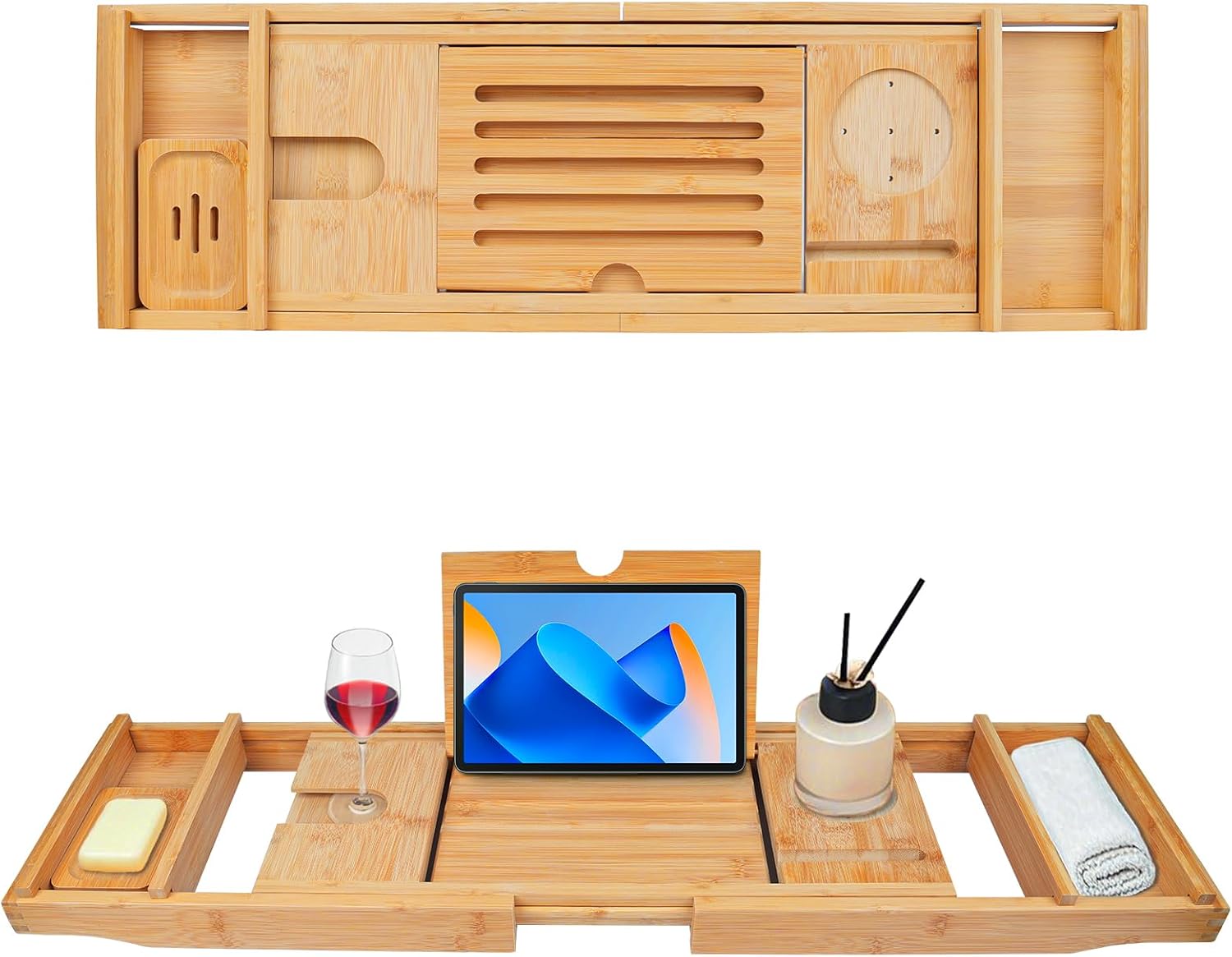 Bathtub Tray Caddy,Bamboo Bathroom Accessories,Expandable Bath Tray,Can be Placed Book and Integrated Tablet Smartphone and Wine Holder,Relaxing Gifts for Women(Natural)