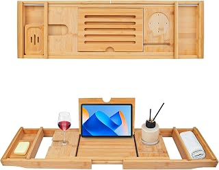 Bathtub Tray Caddy,Bamboo Bathroom Accessories,Expandable Bath Tray,Can be Placed Book and Integrated Tablet Smartphone and Wine Holder,Relaxing Gifts for Women(Natural)