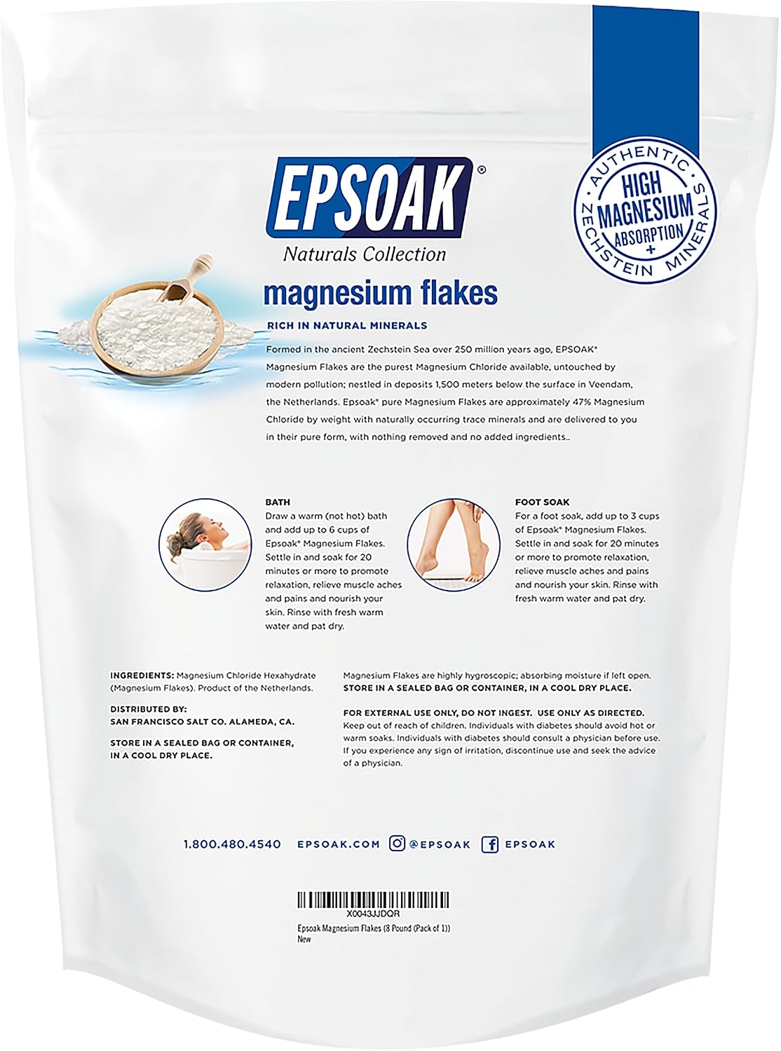 Epsoak Naturals Collection Magnesium Flakes for Foot Spa & Relaxing Bath, 8 lb, 100% Natural & Unscented Zechstein Magnesium Chloride (128 Ounce (Pack of 1)