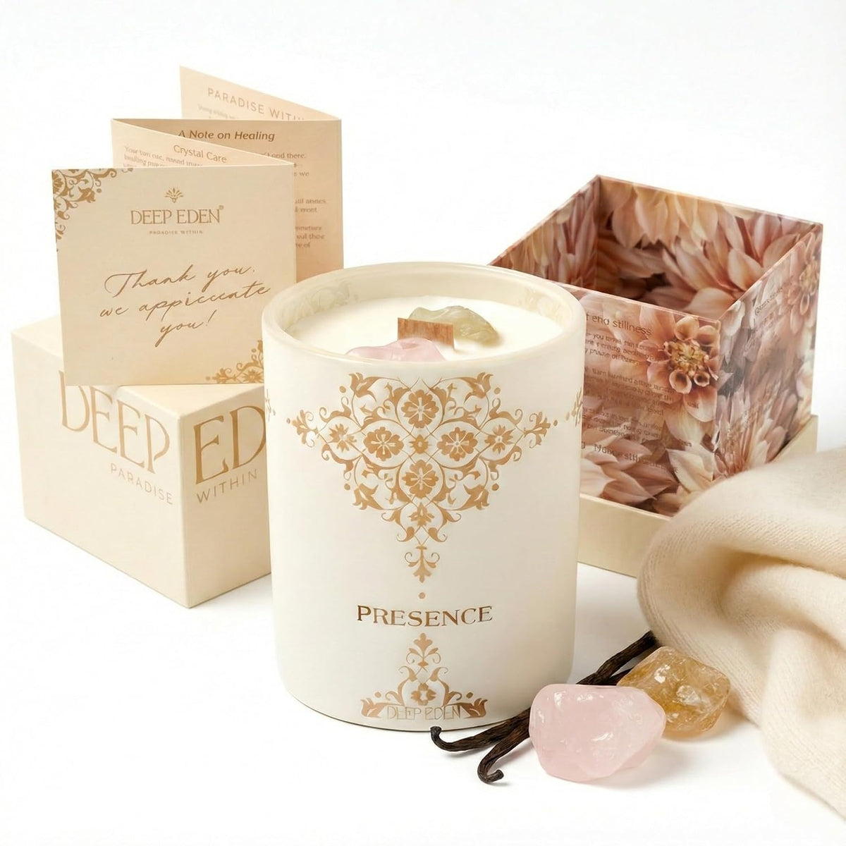 Healing Crystal Candle Gift for Women - Vanilla Cashmere Luxury Soy Candle with Crystals - Rose Quartz & Citrine - Gift-Ready