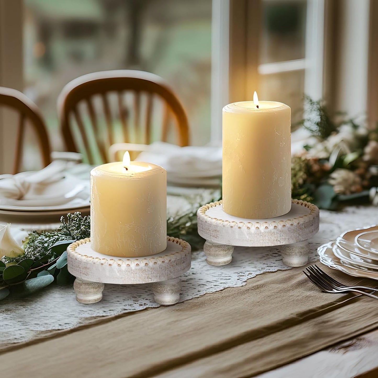 Small Wood Risers for Decor, Round Wooden Display Risers Candle Plates and Trays, Farmhouse Candle Trays Home Decor, Pedestal Stand for Mini Cake, Mug Display Decorative, Table Centerpiece, White