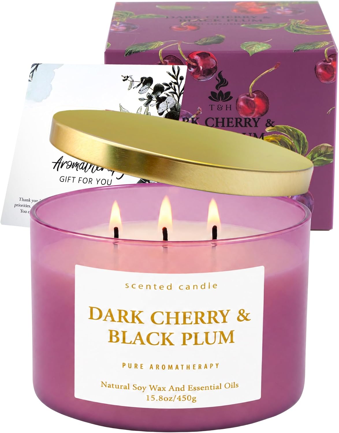Dark Cherry Black Plum 3-Wick Soy Candle, 15.8 oz Scented Candle for Home | Black Cherry, Plum & Vanilla Notes, Aromatherapy, Highly Scented, Clean Burn, Summer & Fall candle, Gift for Women & Men