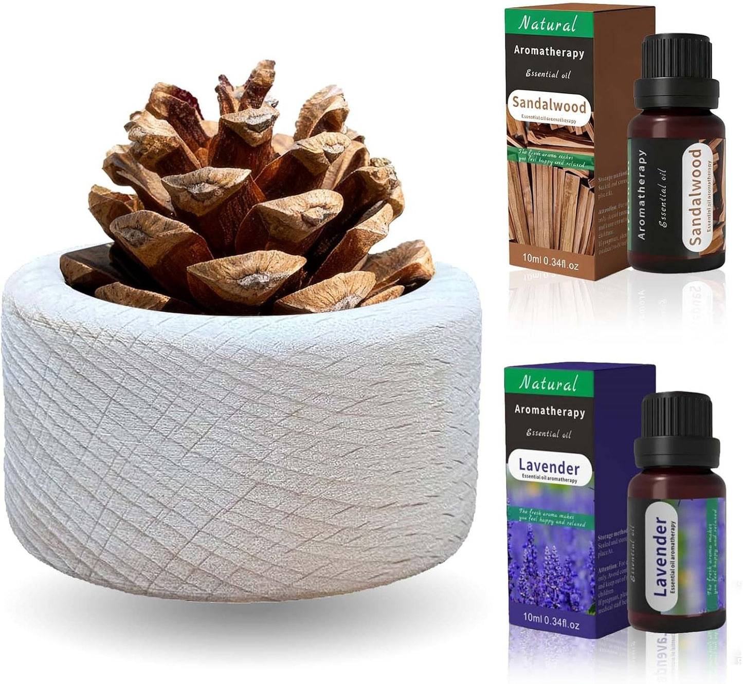 Wooden Essential Oil Diffuser - Small Cylinder Passive Diffuser, Beech Wood Aromatherapy Diffuser with Pine Cone & 20ml Essential Oils Great for Decorating at Desk, Office or Car