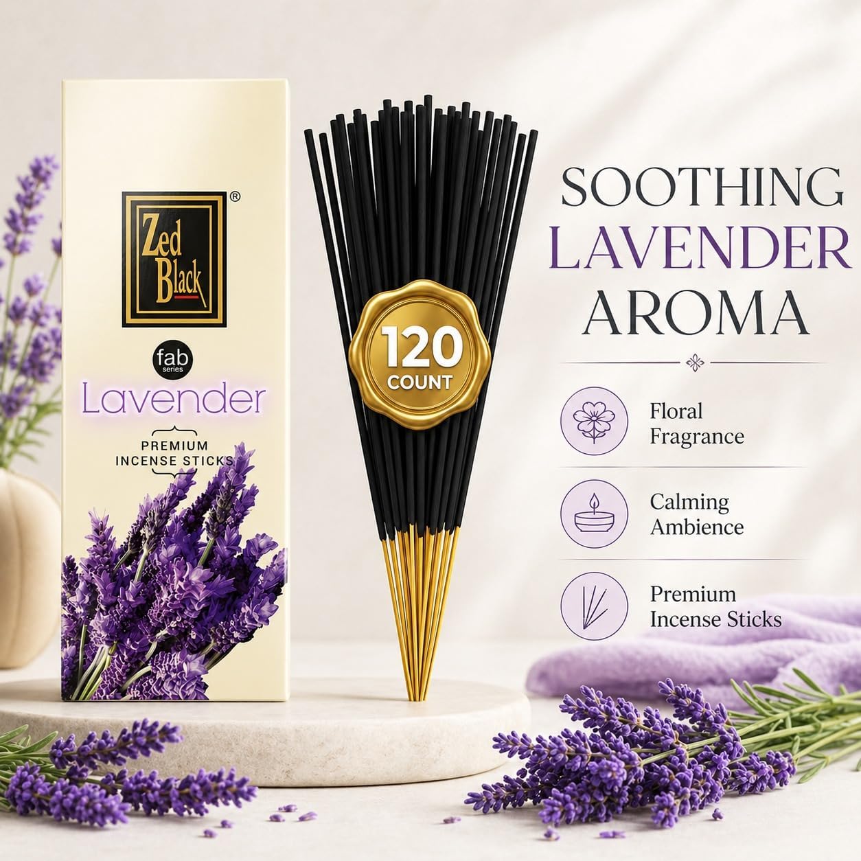 Lavender Incense Sticks 120 Count | Natural Hand-Rolled Aromatherapy Incense for Relaxation, Stress Relief, Meditation, Yoga & Prayer | Long-Lasting Soothing Aroma | Zed Black