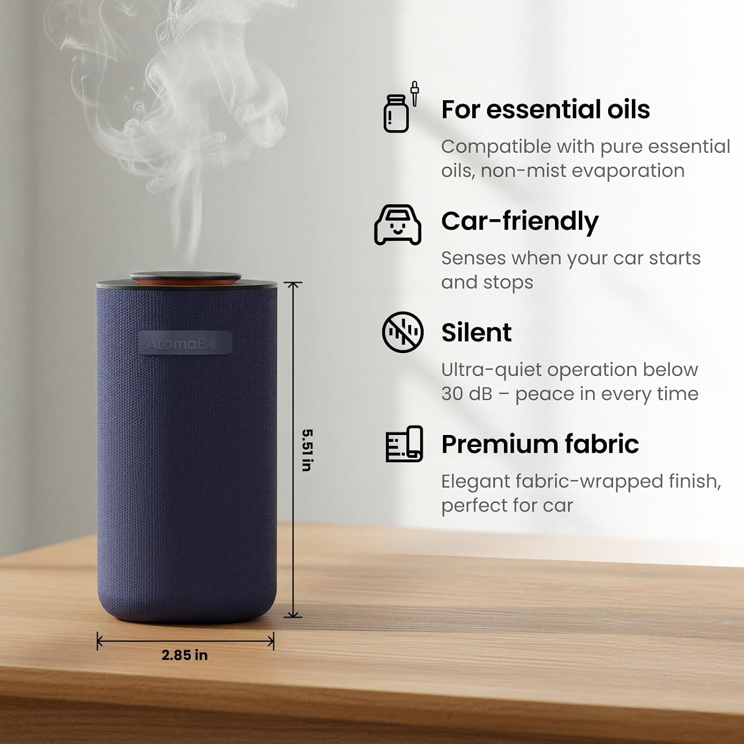 Aromabot Waterless Essential Oil Diffuser, Smart Portable Nebulizing Waterless Diffuser for Car, Home, or Office – Dual Mist Modes, Comfort Fabric Wrapping Process, Rechargeable Battery, LED Light
