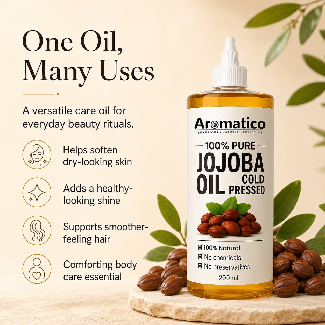 Aromatico 100% Pure Cold Pressed Jojoba Oil – 7 Fl Oz | Natural Hair, Face & Body Oil – Lightweight Moisturizing Carrier Oil for Dry Scalp, Skin Care, Beard, Cuticles & Massage