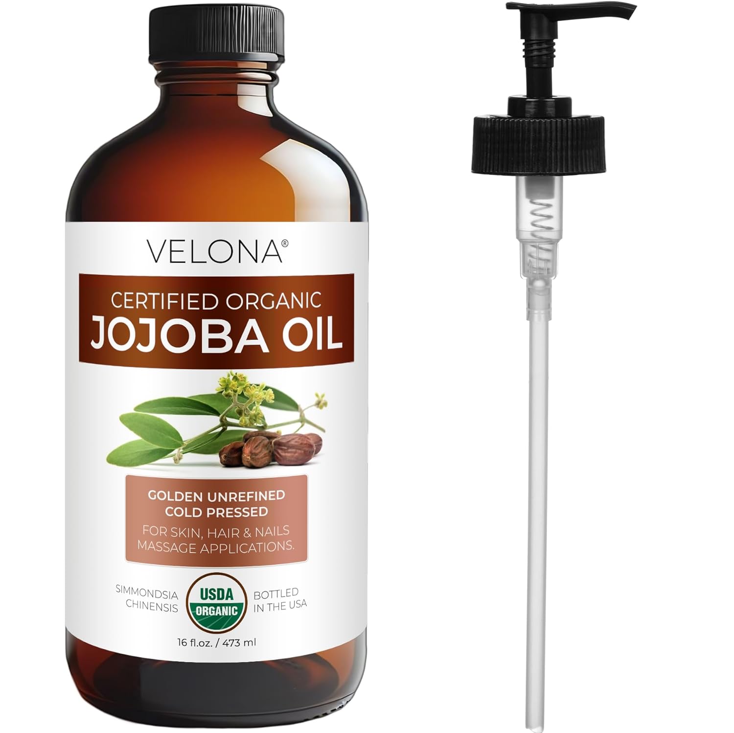 velona Jojoba Oil USDA Certified Organic - 16 Fl Oz in Glass Bottle | 100% Pure and Natural | Golden, Unrefined, Cold Pressed, Hexane Free | Moisturizing Face, Hair, Body, Skin Care