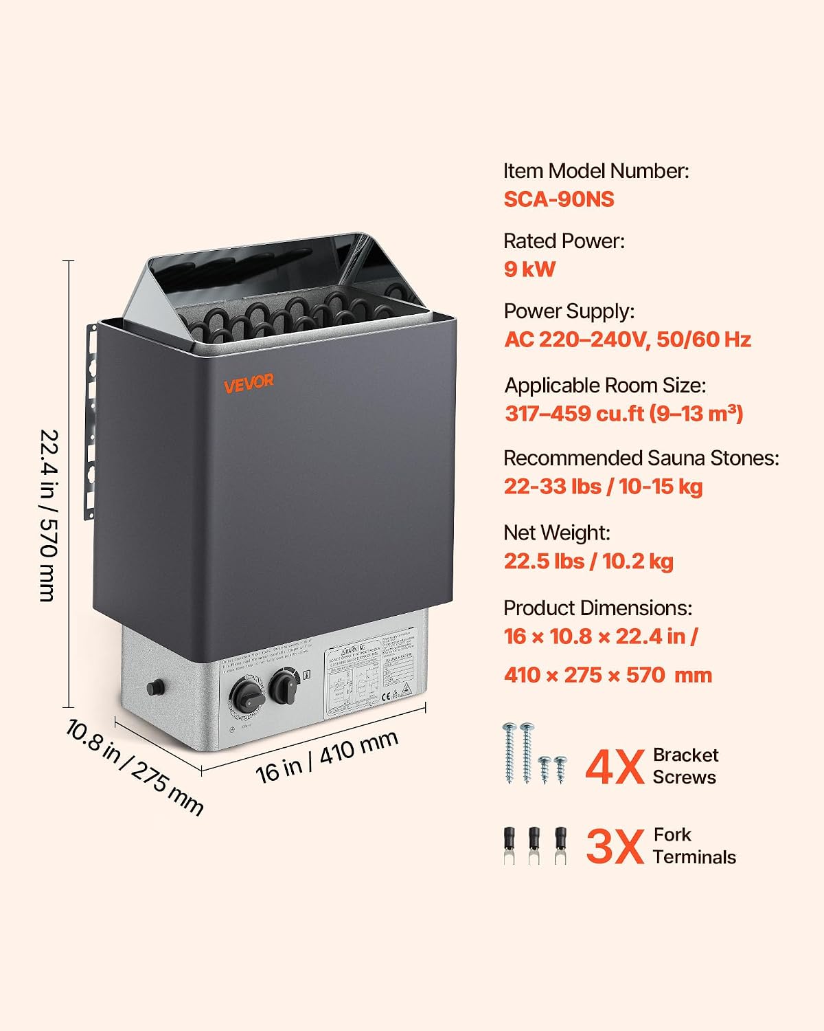 VEVOR 9KW Sauna Heater, Steam Bath Sauna Heater with Built-in Controls, Electric Sauna Stove, 3h Timer and Adjustable Temp for Max. 317-459 Cubic Feet, Home Hotel Spa Shower Use 220V FCC Certification