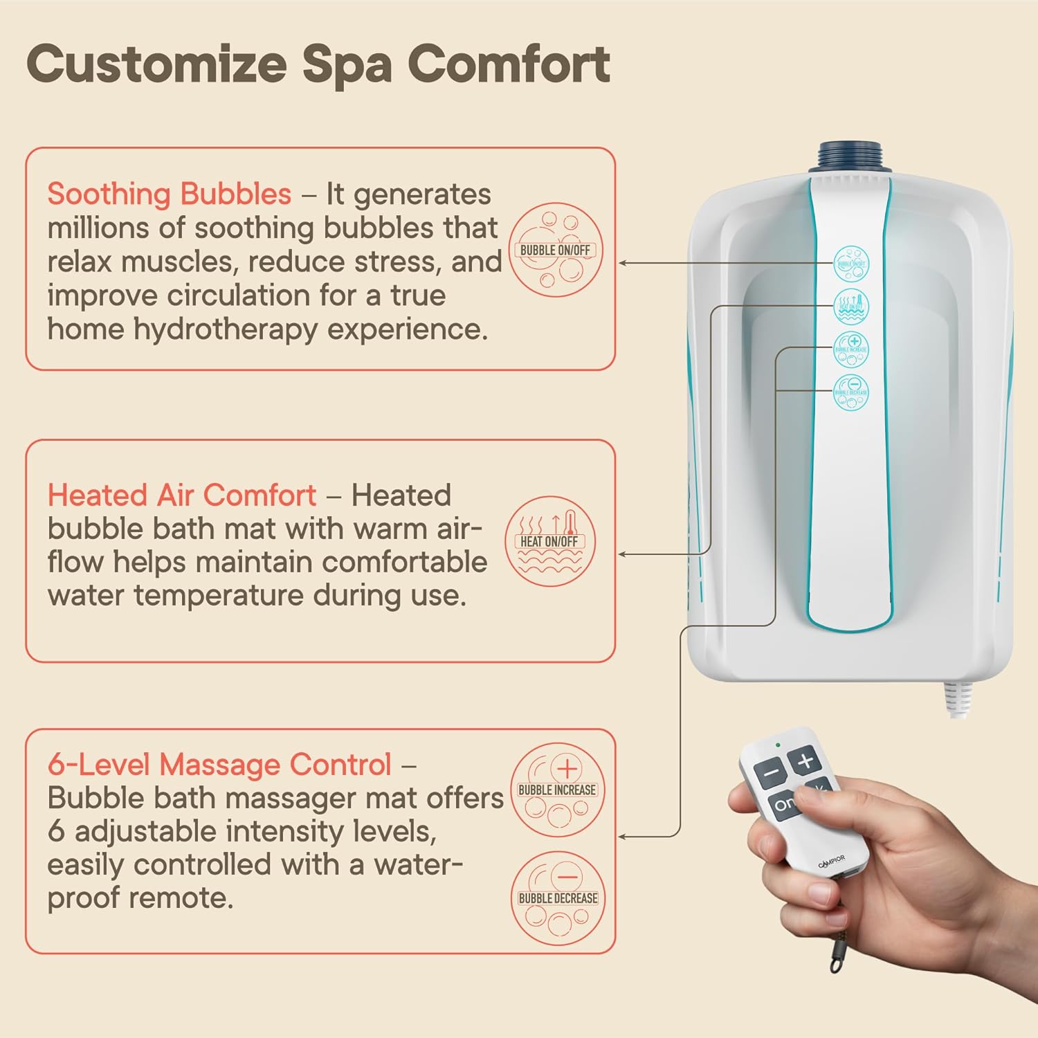 Bubble Bath Massager Mat for Bathtub, 47.24" x 14.57" Full-Body Heated Air Spa with 6-Level Adjustable Bubbles, Non-Slip Waterproof Design, Remote Control, For Stress, Muscle Relief & Relaxation, Aqua