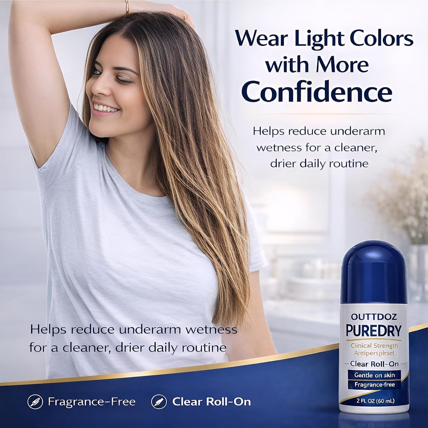PURE DRY Antiperspirant Roll-On for Underarms, Fragrance-Free Clinical Sweat Control for Men & Women, Clear Nighttime Formula for Sweaty Underarms, Alcohol-Free, 2 fl oz