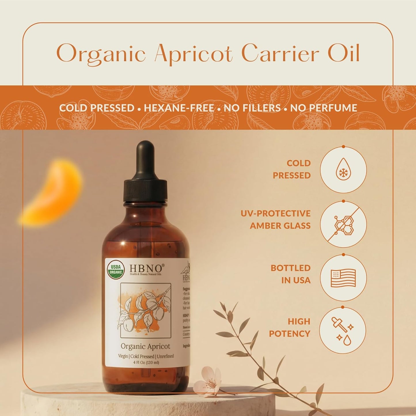 HBNO Organic Virgin Apricot Oil - 4 oz (120ml) Value Size - Ideal for Shampoos, Conditioners, Lip Balms, Face wash, Lotions, and Skin Care Products.