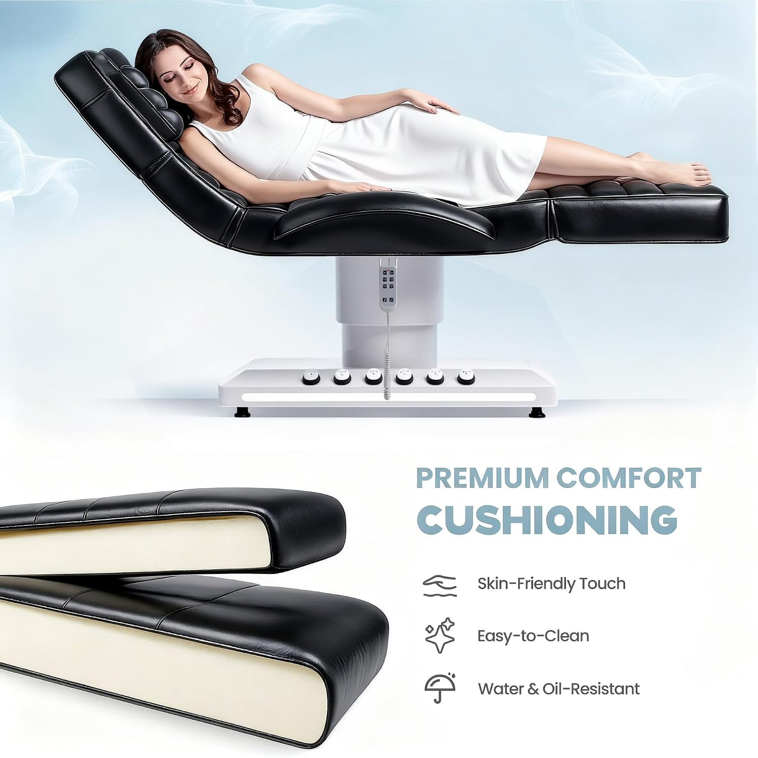 Electric Massage Table with LED Light, Adjustable Facial Bed with Foot Control for Spa, Tattoo, Waxing, and Eyelash Extension, Removable Headrest and Armrest, 90° Back & Leg Adjustment (Black)