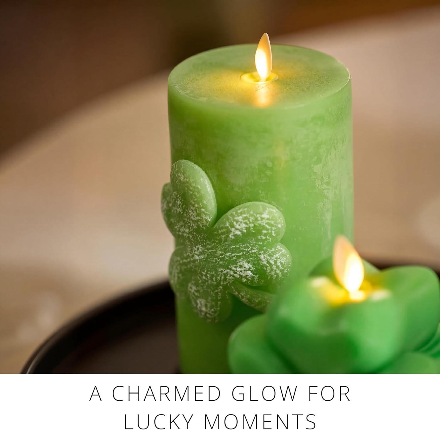 Luminara Lucky Green Shamrock Pillar Candle - Flickering Real-Flame Technology - Flameless LED - Remote Ready - St. Patrick's Day - 3.4" x 6.5"