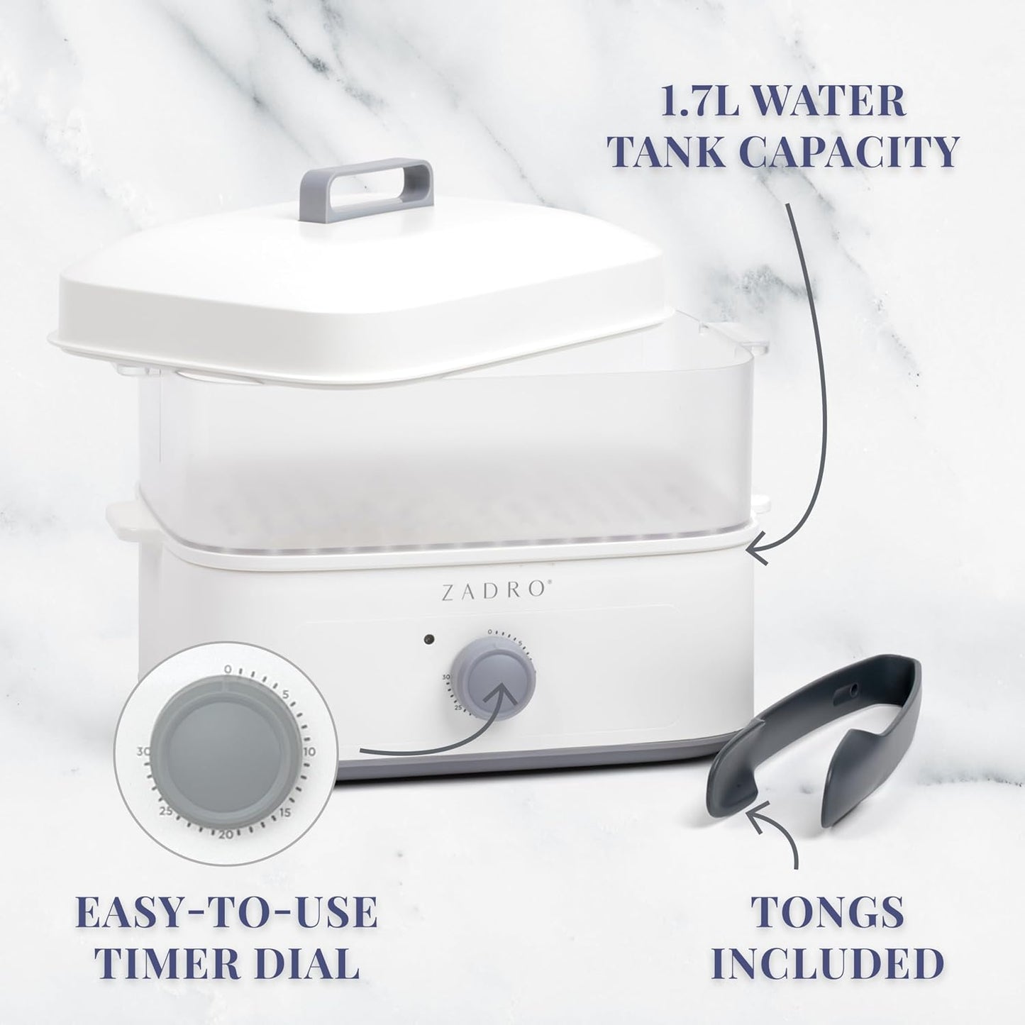 Zadro Towel Steamer with Tongs, 850W Heater, 8L Tray, 1.7L Tank, 30-min Timer for Facials, Manicures, Pedicures, Shaving (13"x12", 120V/850W, 8L, White/Gray)