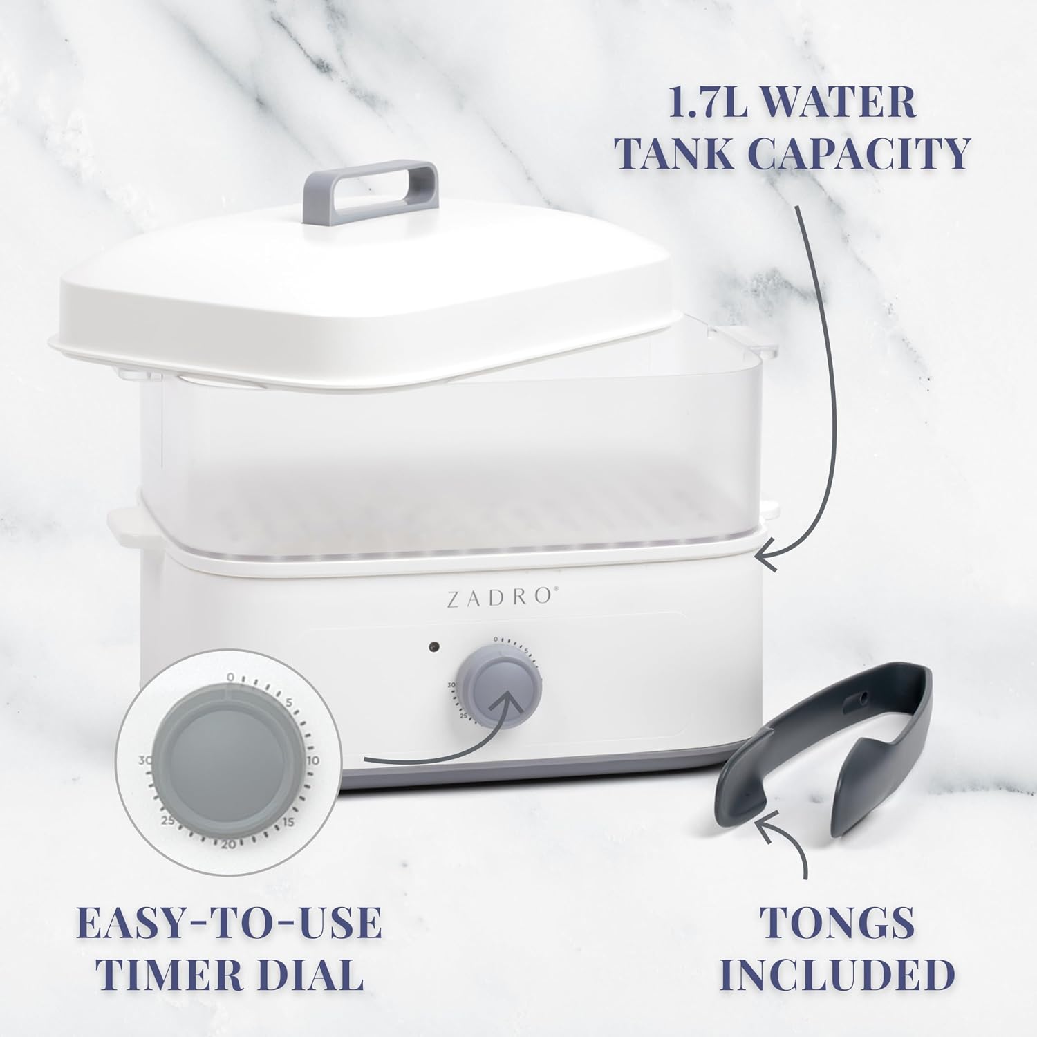 Zadro Towel Steamer with Tongs, 850W Heater, 8L Tray, 1.7L Tank, 30-min Timer for Facials, Manicures, Pedicures, Shaving (13"x12", 120V/850W, 8L, White/Gray)