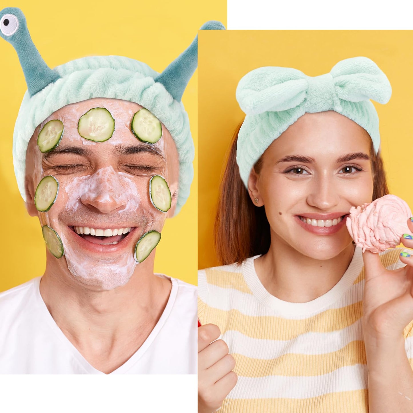 Atoden Spa Headband and Wristband Set Skincare Makeup Headband Bowknot Snail Headbands Wrist Bands for Washing Face Cute Animal Face Wash Head Band for Women Girls (Green)