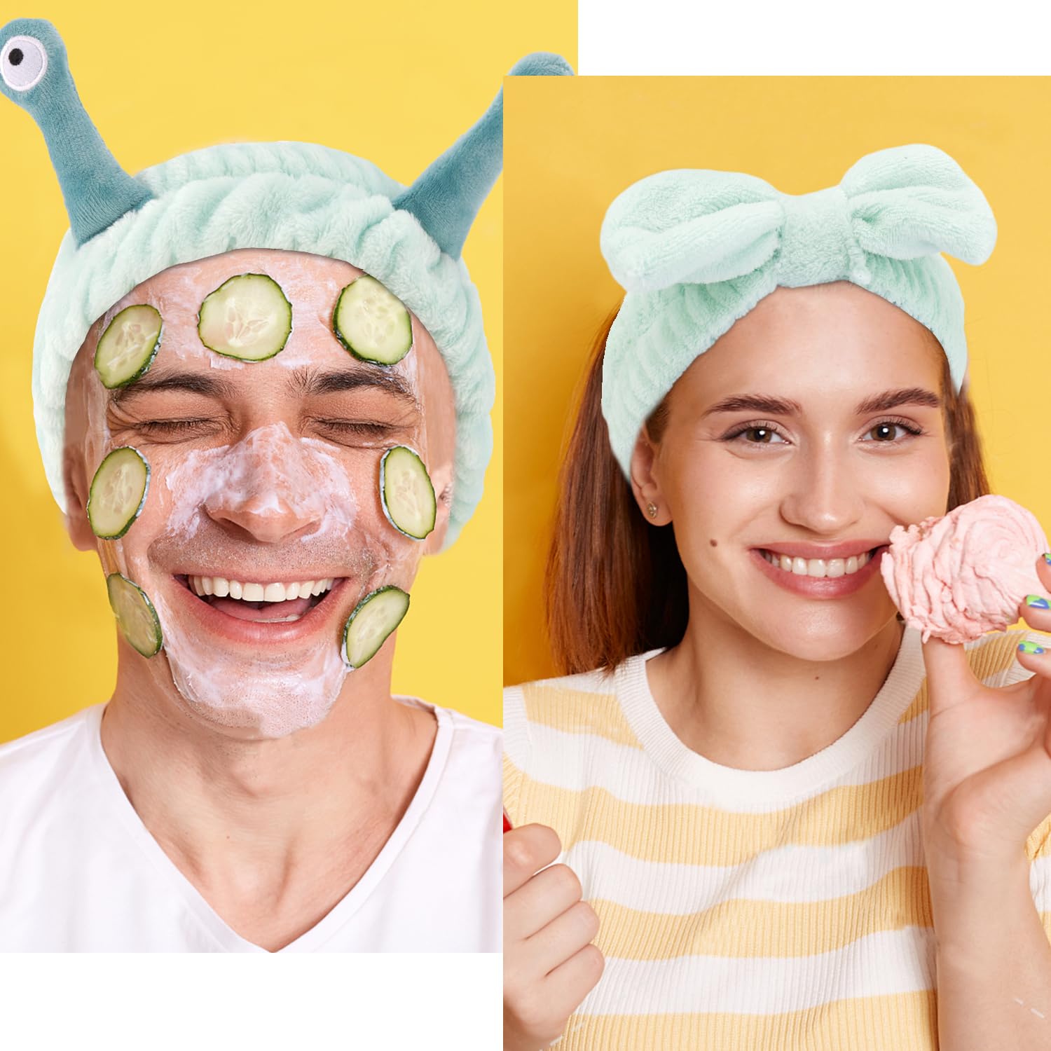 Atoden Spa Headband and Wristband Set Skincare Makeup Headband Bowknot Snail Headbands Wrist Bands for Washing Face Cute Animal Face Wash Head Band for Women Girls (Green)