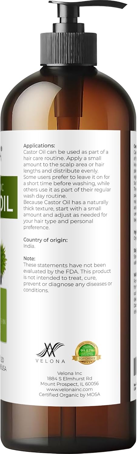 velona USDA Certified Organic Castor Oil - 16 fl oz (With Pump) | For Hair, Eyelashes, Eyebrows | Cold pressed, Natural Oil, USP Grade | Hexane Free, Lash Serum, Caster