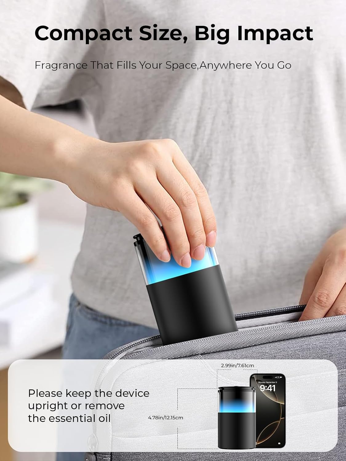 Waterless Essential Oil Diffuser: 𝟗 𝐂𝐨𝐥𝐨𝐫𝐬 𝐋𝐄𝐃 Scent Diffuser for Home&Car&Office - Portable Diffuser with 48H Battery, 4 Timers & 3 Mist Levels, Charcoal Black
