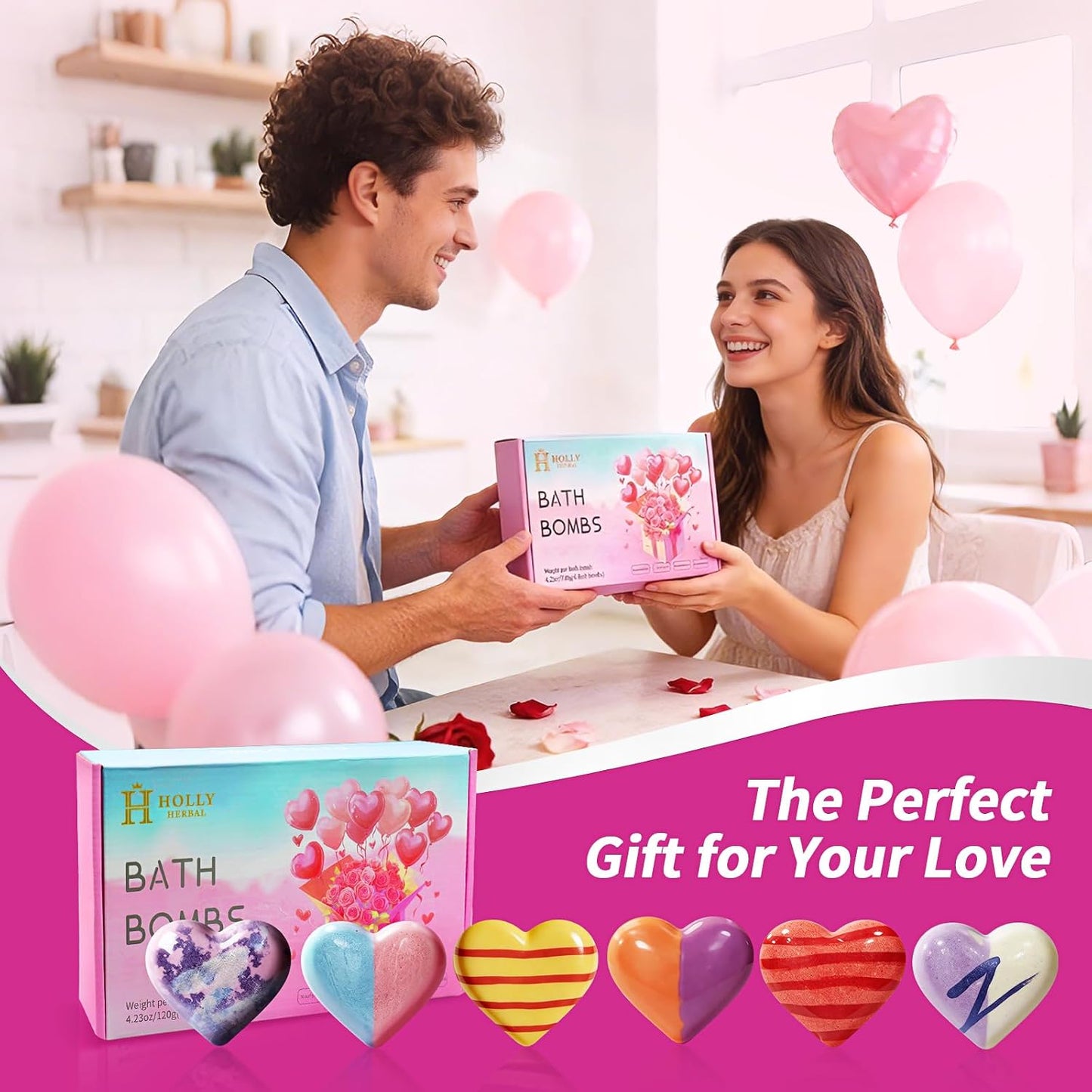 Bath Bombs Gift Set for Women – 6 Pack Extra Large 4.23oz Heart Shaped Natural Scented Bath Bombs with Essential Oils & Shea Butter – Relaxing Spa Gifts for Mom, Wife, Girlfriend