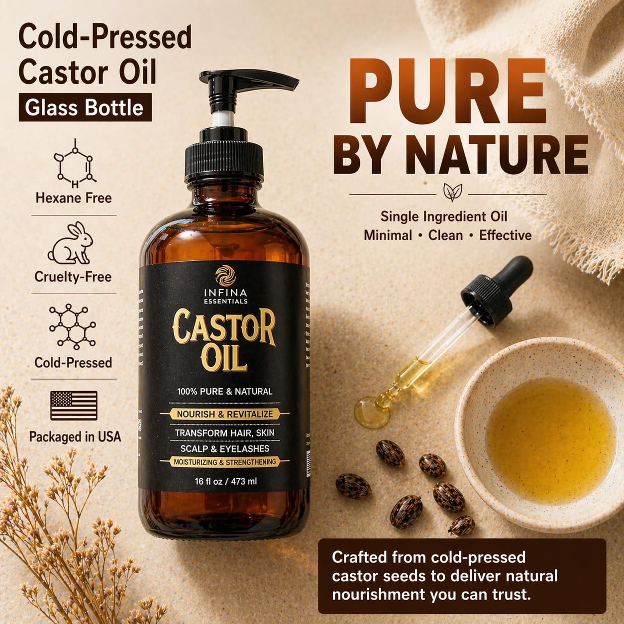 INFINA ESSENTIALS Pure Cold Pressed Castor Oil - Hexane Free, Glass Bottle for Hair Growth, Face, Scalp, Skin & Eyelashes - Nourishing and Moisturizing - 16 fl oz