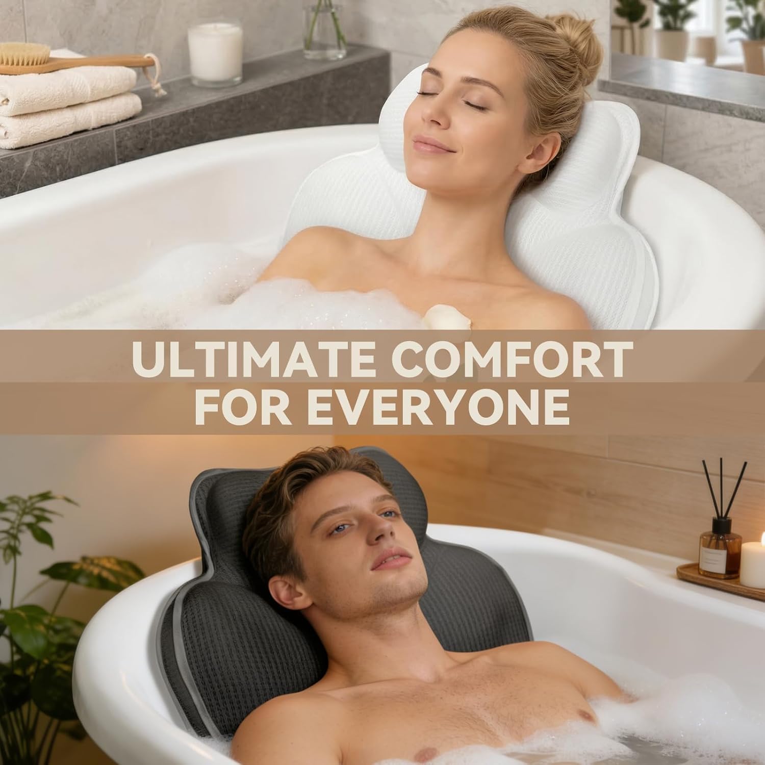 Bath Pillows for Tub - Luxury Bathtub Pillow Neck, Head, Back Support, Soft 5D Mesh Fabric and Non-Slip Suction Cups & Quick Dry, Fits All Tubs, Bath Soaking Accessories Spa Gifts, White