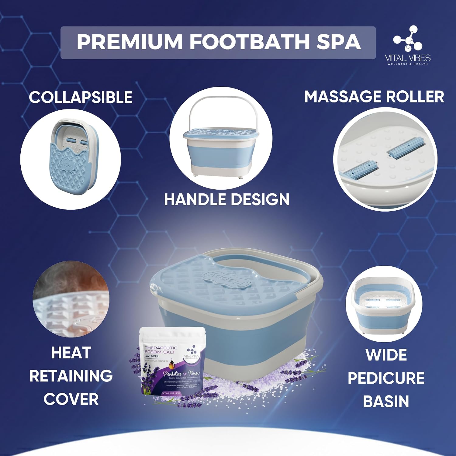 Vital Vibes Collapsible Foot Spa Bath Massager – Large Foot Soaking Tub with Heat Cover & Rollers – Professional Pedicure Kit for Callus Removal, Pain Relief & Soaking – Includes Epsom Salt