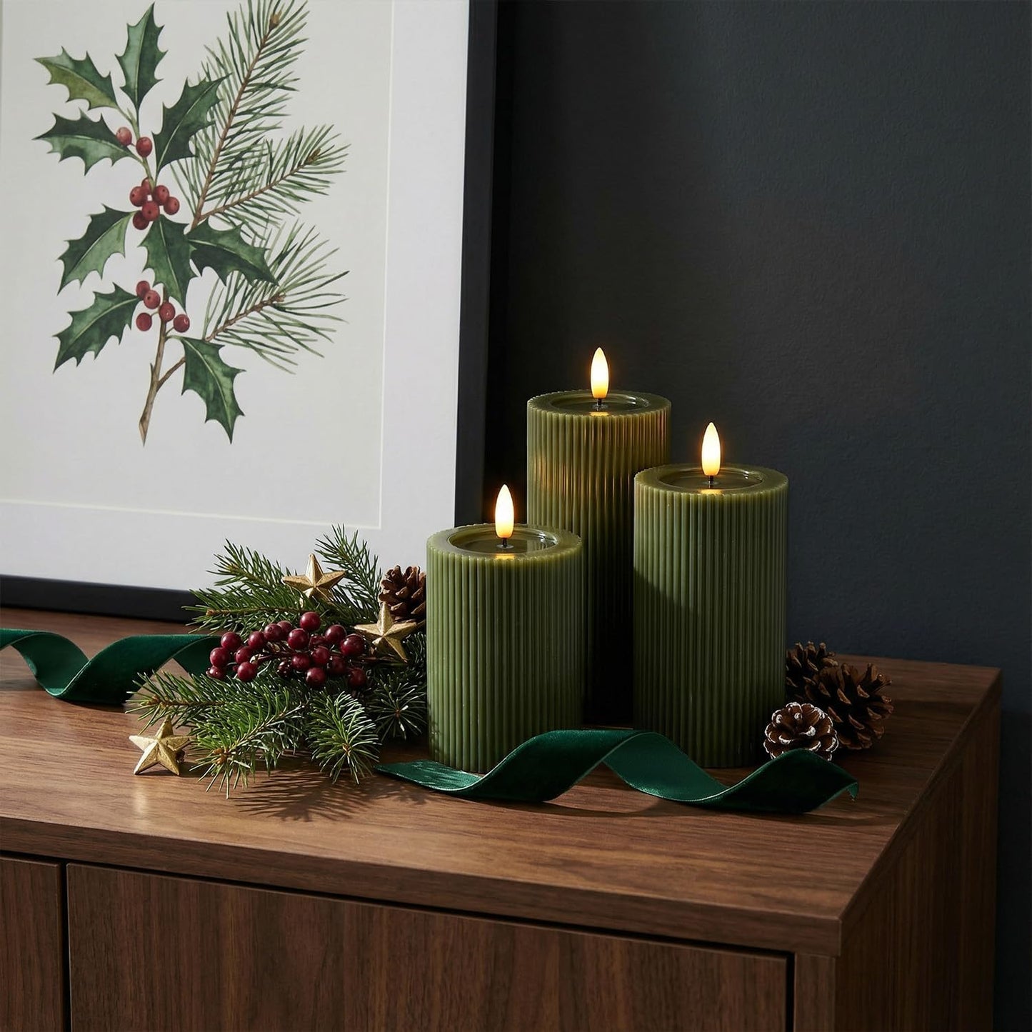 Fluted Ribbed LED Pillar Candles, Loden Green, with Reflective Melted-Wax Effect – Flickering Flame, Remote, Dimmable, Flameless, Battery Operated, Home & Wedding Decor (Set of 3)