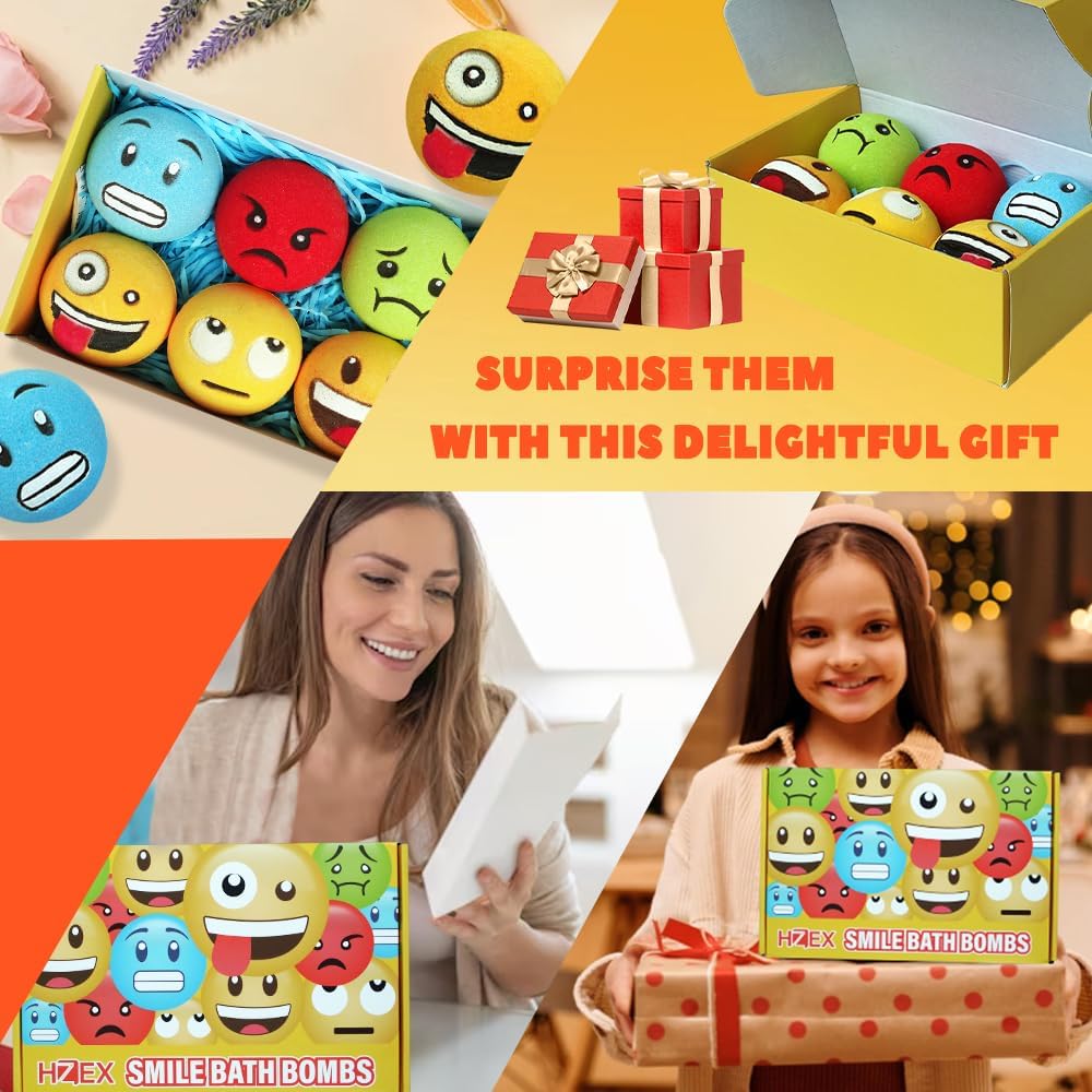 HZEX Large Emotion Face Bath Bombs Set of 6 – Fun Emoji-Inspired Spa Fizzies – Handmade with Shea Butter, Cocoa Butter & Essential Oils – Moisturizing Gift Set for Women, Men & Kids