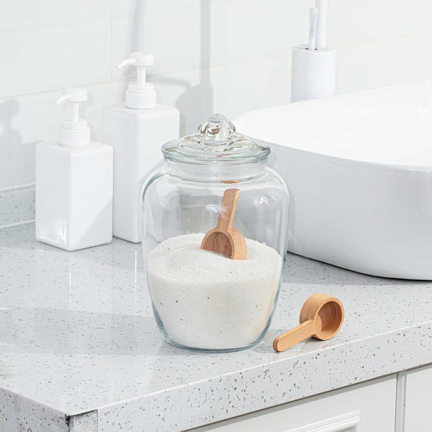 SiliFine 2 Set 74 oz Bath Salt Containers with Airtight Lids and Wooden Scoops, Large Glass Apothecary Jars for Epsom Salt, Bathroom Storage, Laundry Soap, Flour, Sugar and Tea(Clear)