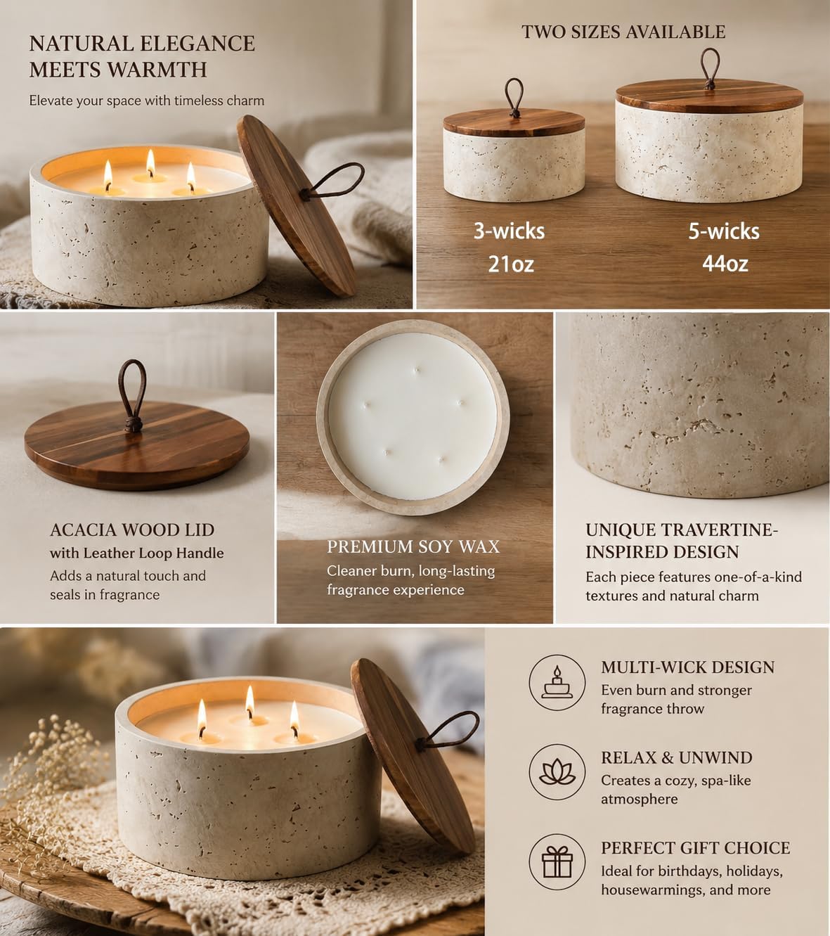 3-Wick Scented Candle-Sea Salt & Bergamot & Coconut,Soy Coconut Wax Blend Candle with Acacia Wood Lid,21oz Large Candle,45-Hour Long Burning,Aromatherapy Candle for Home Decor