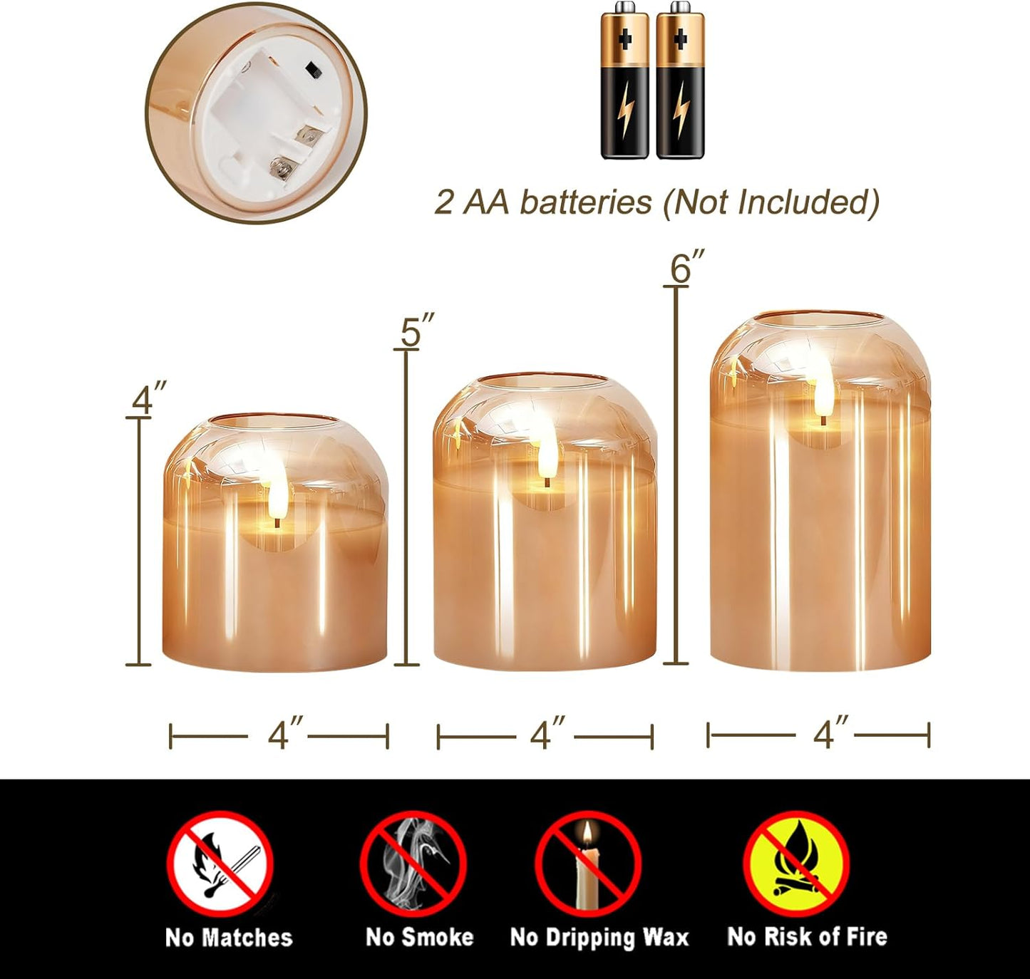 Homemory Glass Flameless Candles, Battery Operated Plliar Candles Realistic Flickering, LED Electric Light with Remote and Timer for Home, Christmas Decoration, Gold, Set of 3