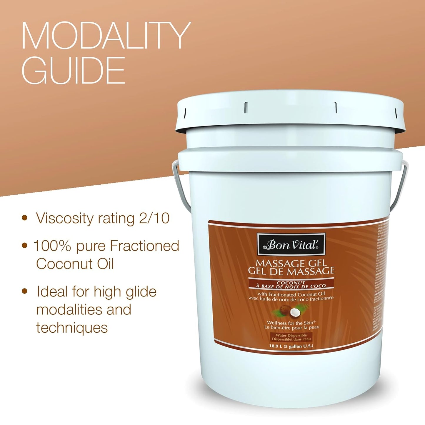 Bon Vital' Coconut Massage Gel, 5 Gallon, Lightweight Formula with Pure Fractionated Coconut Oil, Professional Therapy Lotion, Hydrating and Unscented