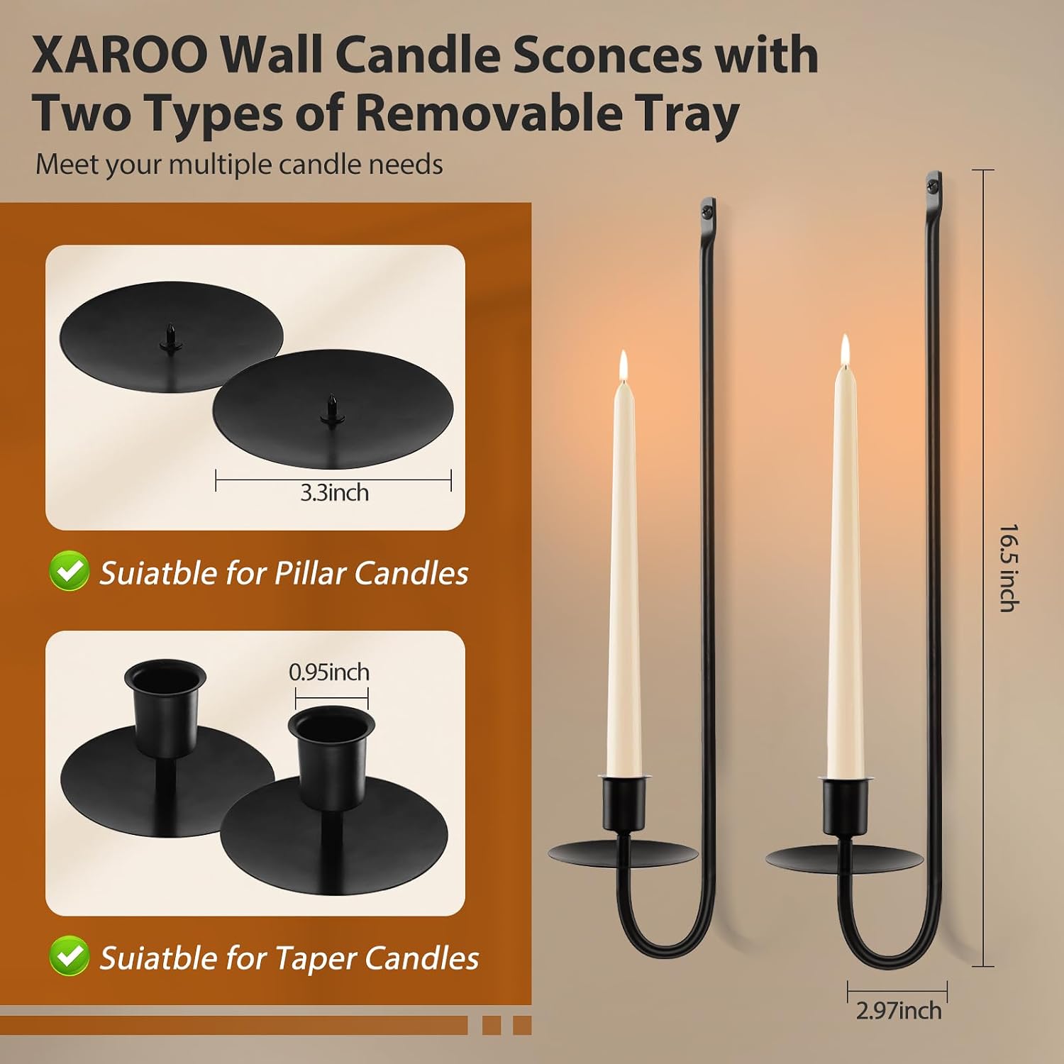 Candle Sconces Set of 2, 16.5 Inch Taper & Pillar Wall Candle Holder, Black Wall Sconces Set of Two, Decor for Entryway, Stair Corner, Living Room, Gifts for Men Women Mom or Dad