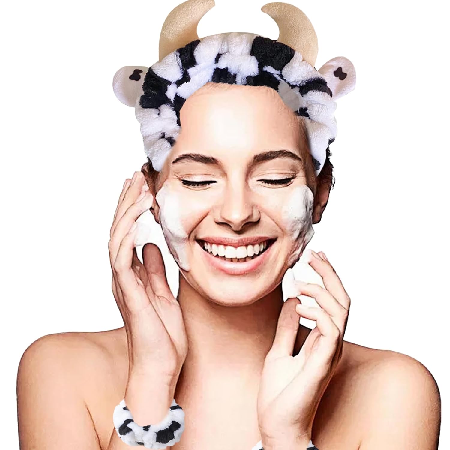 Cow Wash Face Headband & Spa Wristbands Soft Hair Scrunchy Set for Women Skincare Makeup Bath and Costume Party Accessories