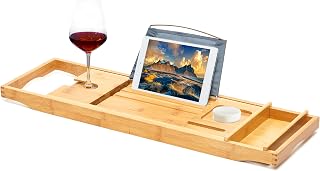 RoyalHouse Bamboo Bathtub Caddy Tray, Expandable Bath Table Over Tub with Glass Book, Adjustable Organizer Tray for Bathroom, Wine and Phone Holder, Ideal Gift for Family & Friends