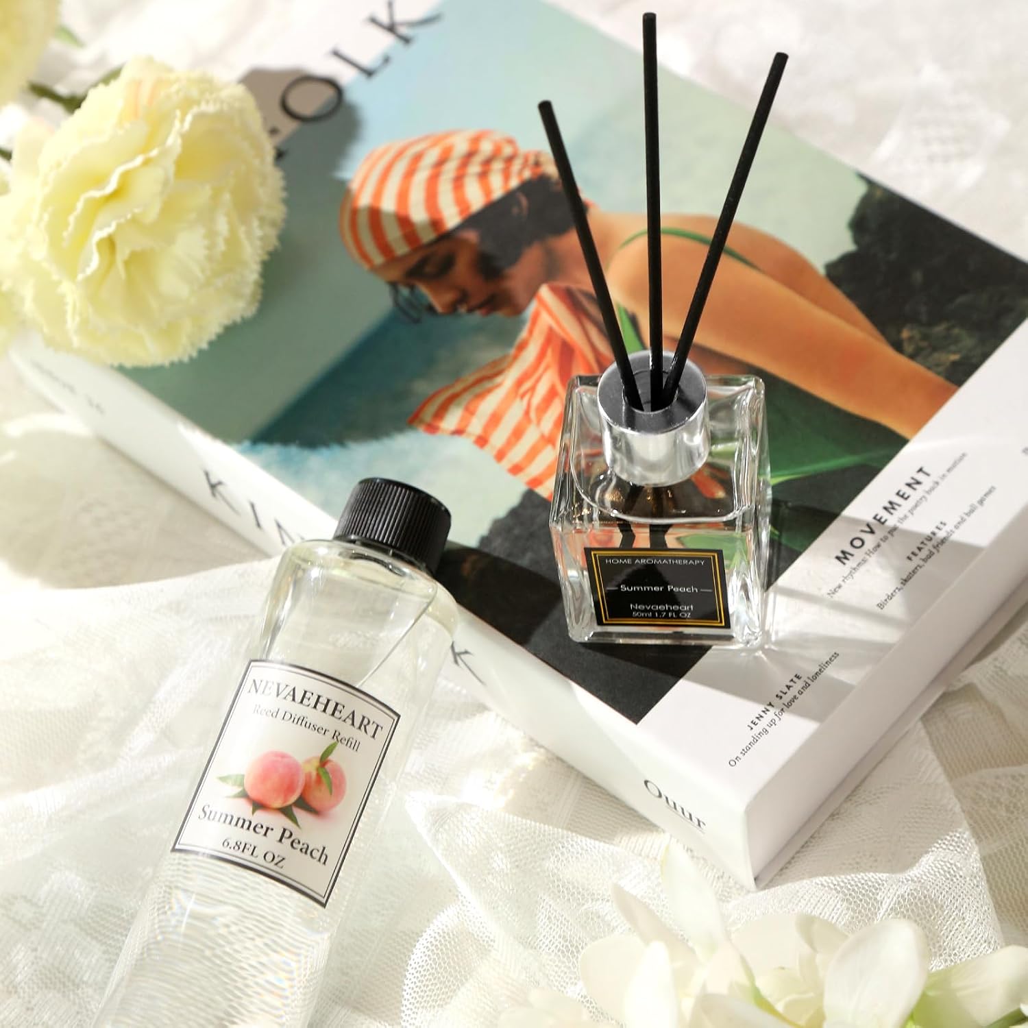 Reed Diffuser Refill, Gardenia Reed Diffuser Oil with Sticks Set, 6.8oz(200ml) Reed Diffuser Oil Refill Home Fragrance for Bedroom, Bathroom Home Decor