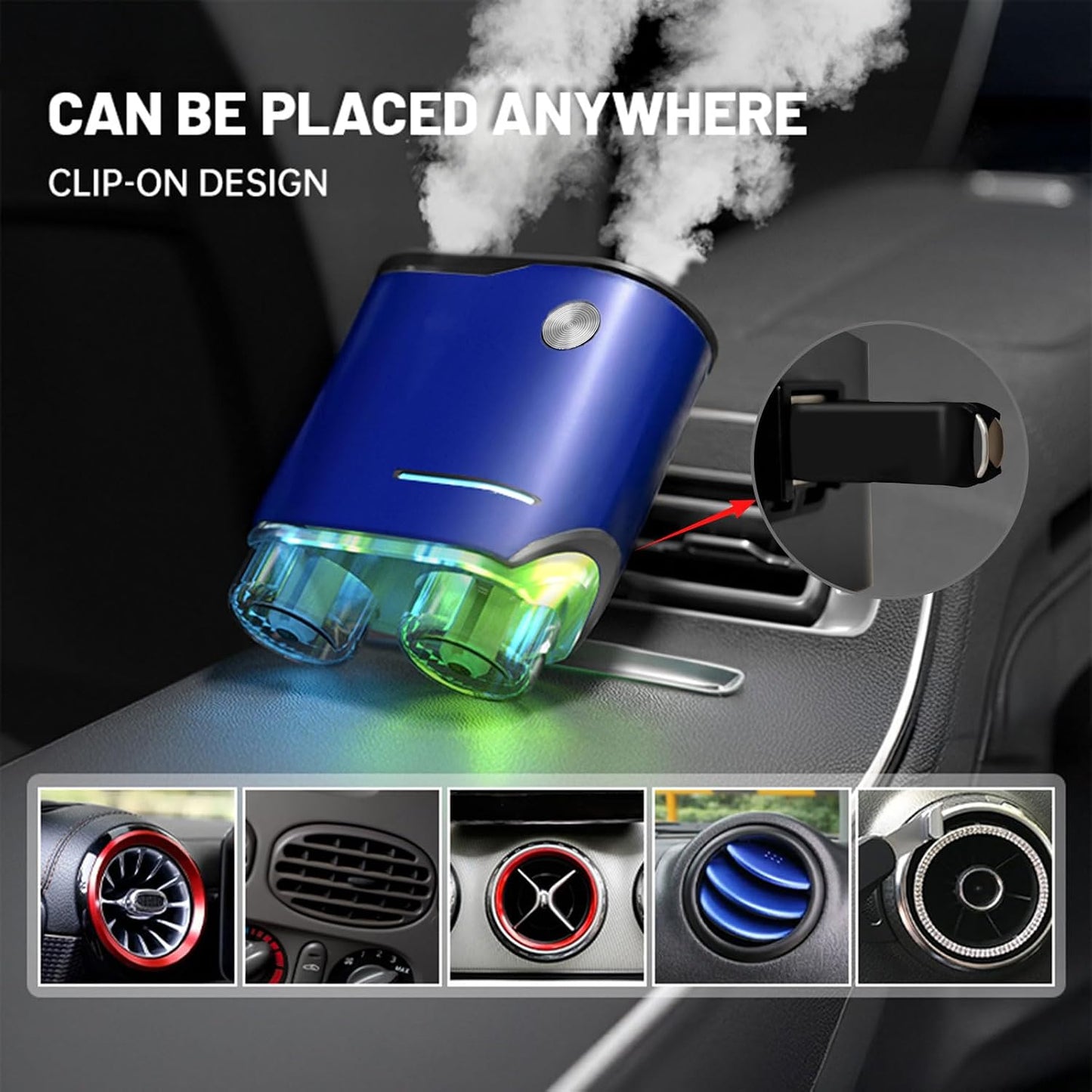 Smart Car Air Fresheners Diffuser with 4pcs Essential Oils, Automotive Scent Dispenser Rechargeable Aromatherapy Diffuser Vent Clip for Cars, 3 Adjustable Modes (Blue)