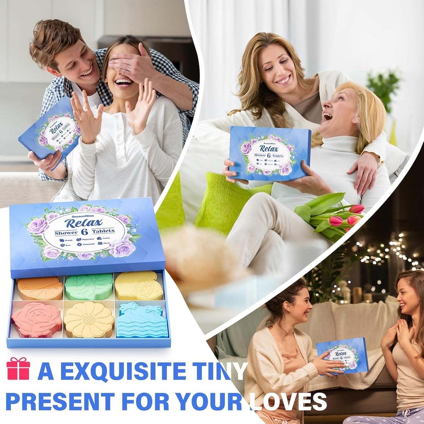 SeasonBliss Shower Steamers 6 Pack Shower Bombs with Unique Shapes & Scents, Orange Peppermint Lemon Rose Chamomile Sea for Birthday, Mother's Day, Valentine's Day Present Giving, Presents for Women