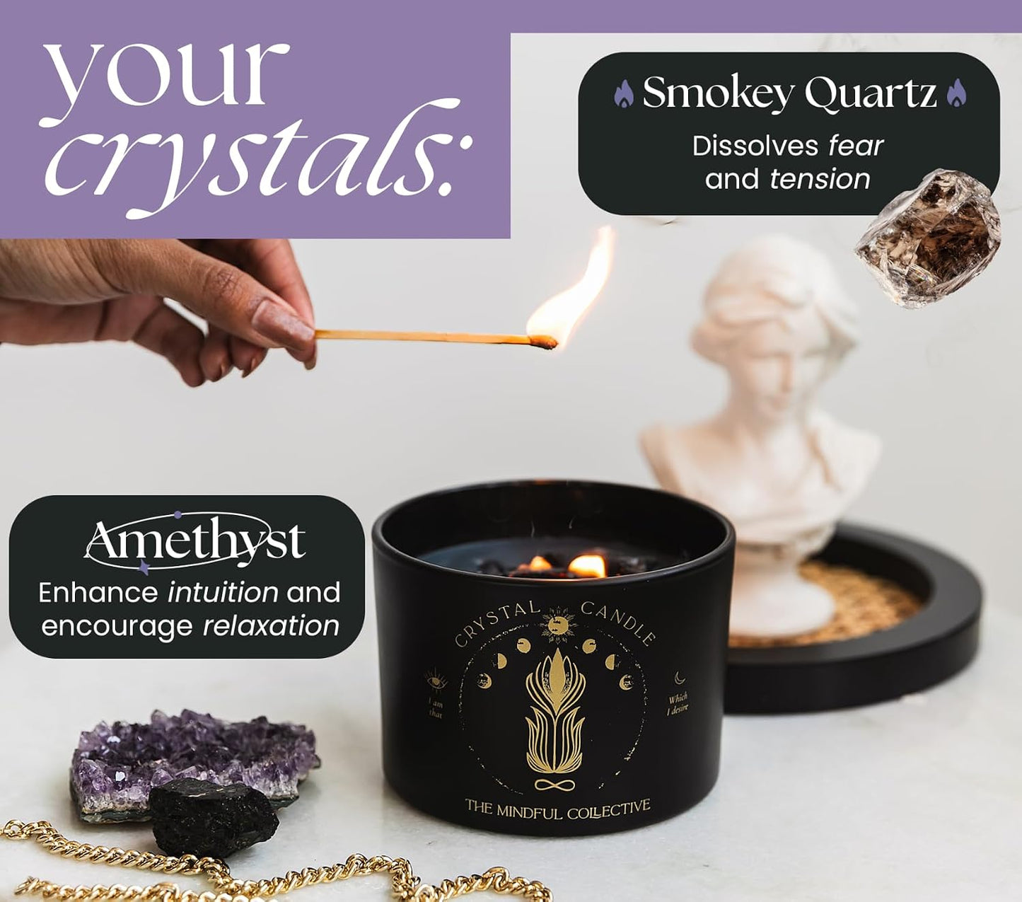 Large Candles for Women - 12oz Soy Wood Wick Candles that Crackle with Crystals and Healing Stones. Non-Toxic Scented, Luxury Aromatherapy (Crystal Black Candle)