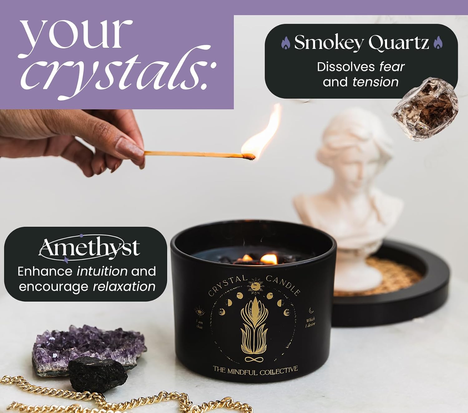 Large Candles for Women - 12oz Soy Wood Wick Candles that Crackle with Crystals and Healing Stones. Non-Toxic Scented, Luxury Aromatherapy (Crystal Black Candle)
