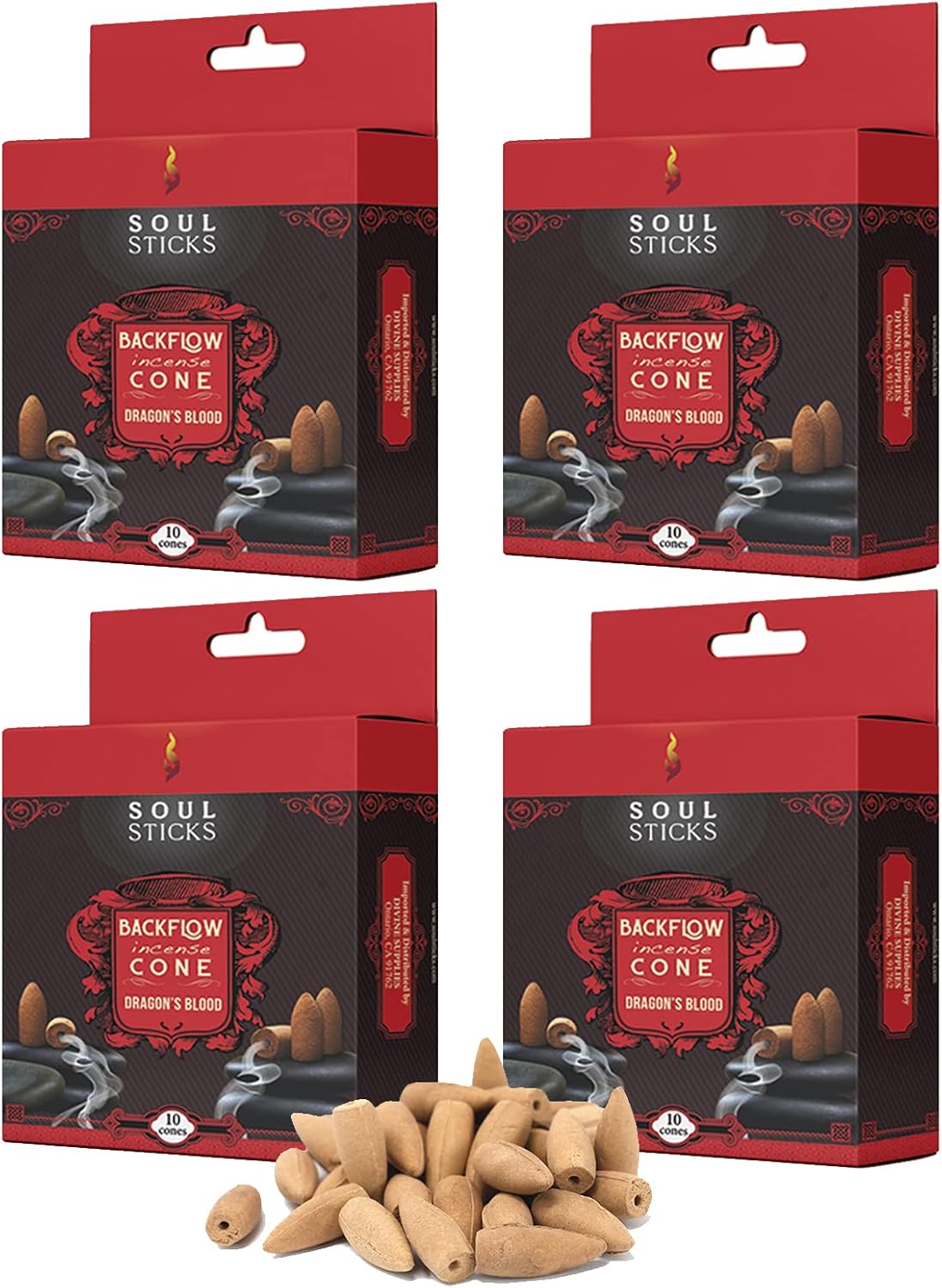 Soul Sticks Backflow Incense Cones – 40 PCS Organic Handmade Cones for Waterfall Burner | 4 Pack Long Lasting Aromatic Scents | Thick White Smoke Incense for Meditation, Spiritual Gift (Dragons Blood)